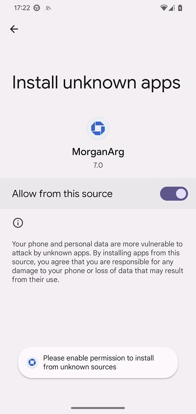 El dropper solicita permiso para instalar aplicaciones desconocidas para proceder con la instalación de PromptSpy